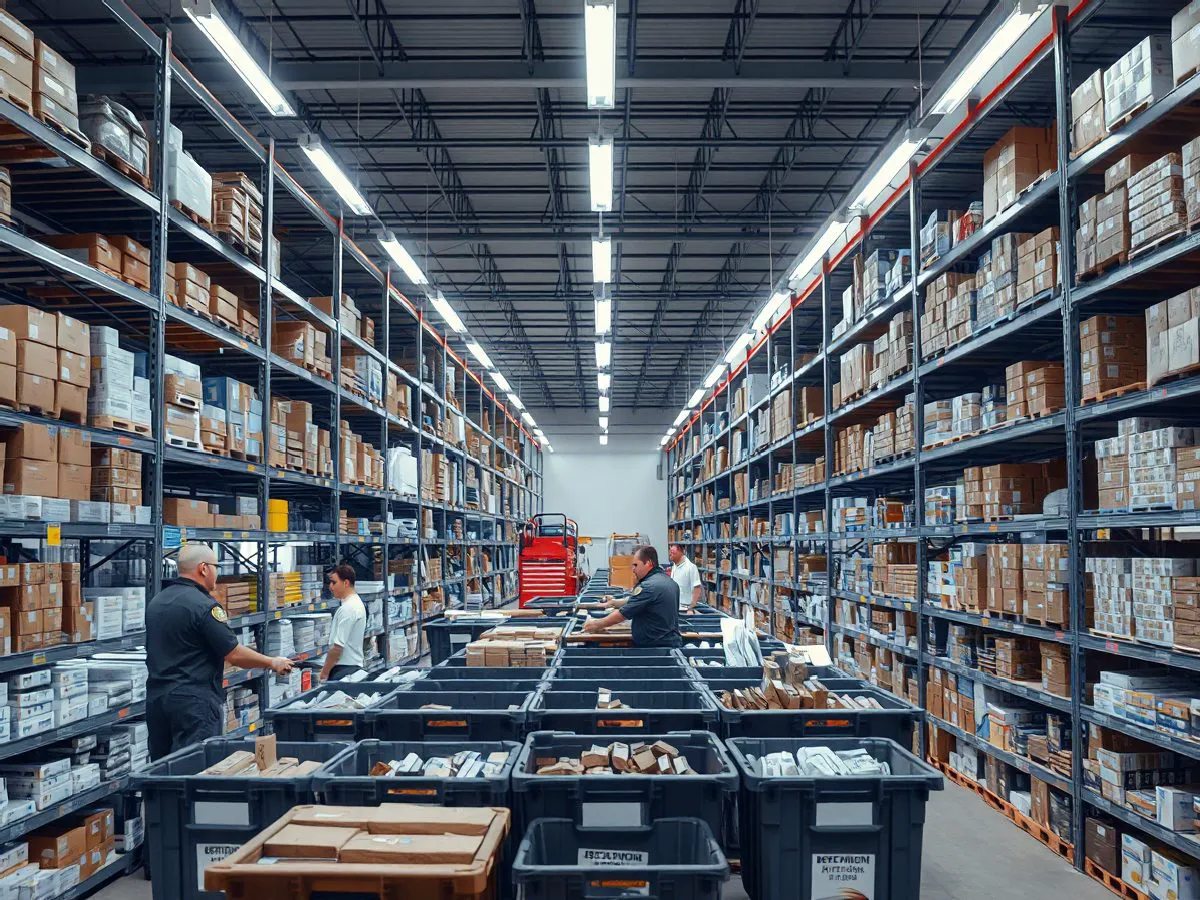 多臣名门仓库分拣区,工作人员正在对团购订单商品进行分拣和打包